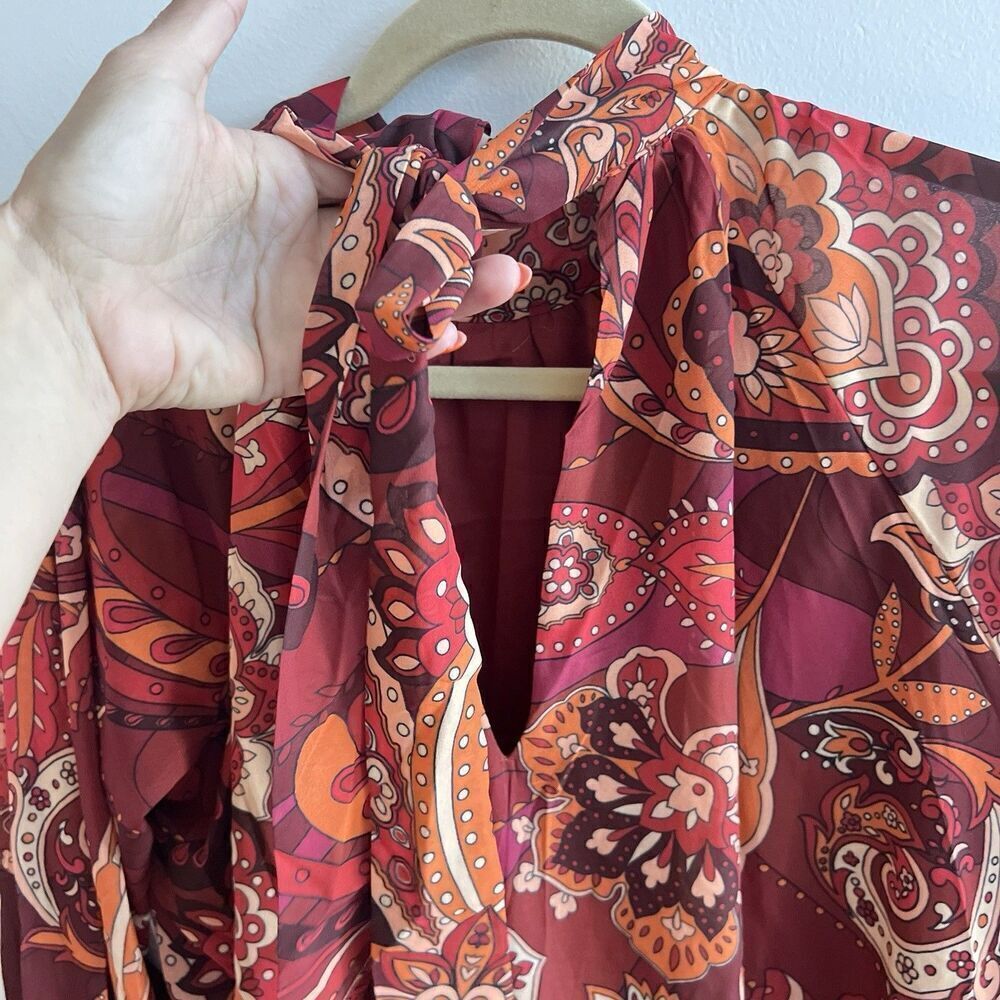 AURA Red Paisley Blouse Tie Neck Flowy Balloon Sleeves Top Large Women’s NWT - Picture 5 of 9